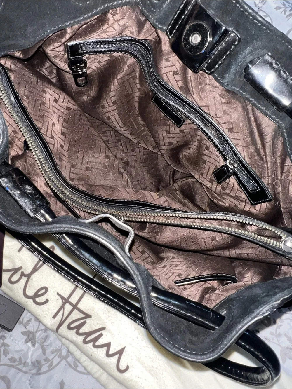 Cole Haan Black Suede and Patent Trim Bucket Bag